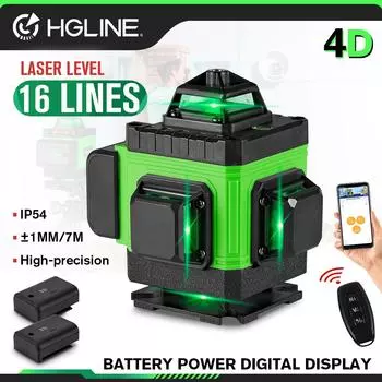 HGLINE 16 линий 4D 360° крест лазерный уровень мощность дисплей горизонтальный вертикальный уровень машина профессиональный лазерный уровень инструмент 2xBattery-EU Plug