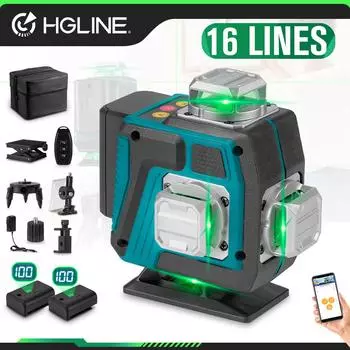 HGLINE 16 линий 4D лазерный уровень нивелир инструмент дисплей мощность автоматический 360 горизонтальный и вертикальный перекрестный лазерный станок 16 Lines 2xBattery