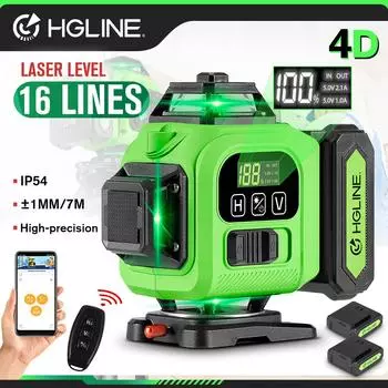 HGLINE 16 линий 4D лазерный уровень с длительным сроком службы лазерный уровень инструмент 360° горизонтальный вертикальный нивелир машина 2 шт 6000 мАч аккумулятор 2xBattery Set