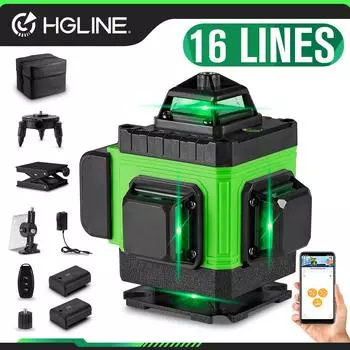 HGLINE 16 линий 4D лазерный уровень зеленая линия самовыравнивающийся 360° горизонтальный вертикальный сверхмощный лазерный уровень с пультом дистанционного управления через приложение EU Plug