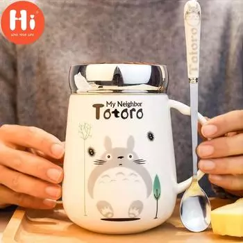 Hi450ML Керамическая Креативная большая вместимость Милая кофейная кружка с изображением Тоторо Lover с крышкой и ложкой Офисная чашка для чая и воды Подарок на день рождения 1 белый