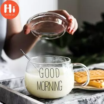 Hi, 350 мл, термостойкое стекло с ручкой, кружка для молока, чашка для завтрака, кружка для микроволновой печи, круглая забавная одна чашка, белая буква с круглой крышкой 350ml