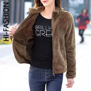 HI-FASHION флисовое осенне-зимнее пальто, женская куртка, флисовая лохматая теплая укороченная куртка, пальто, верхняя одежда на молнии, Femme Veste M чёрный