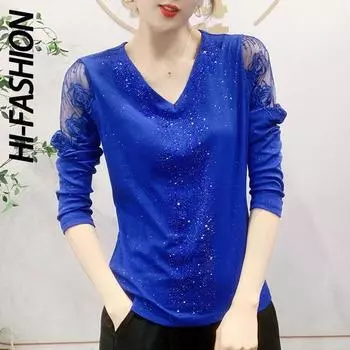 HI-FASHION газовые однотонные топы с v-образным вырезом и бриллиантами, повседневные тонкие пуловеры с длинными рукавами, футболка, женская одежда XL чёрный