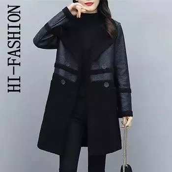 HI-FASHION кожаная куртка женская осень-зима пальто пальто средней длины ветровка верхняя одежда плюс бархатное утолщенное пальто женское XXL чёрный