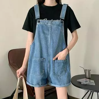 HI-FASHION, летний винтажный синий джинсовый комбинезон, женские хлопковые комбинезоны с широкими штанинами, женские индивидуальные джинсовые комбинезоны S синий