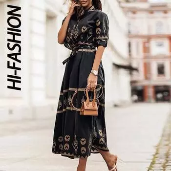 HI-FASHION Ретро платье-рубашка женское повседневное свободное платье макси с коротким рукавом элегантное длинное пляжное платье с высокой талией и поясом на пуговицах M зелёный