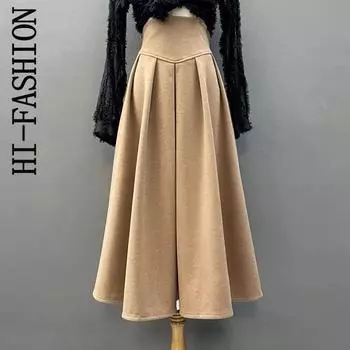 HI-FASHION шерстяная длинная юбка для женщин, женская элегантная юбка-миди трапециевидной формы, осень-зима, плиссированные юбки с высокой талией S чёрный
