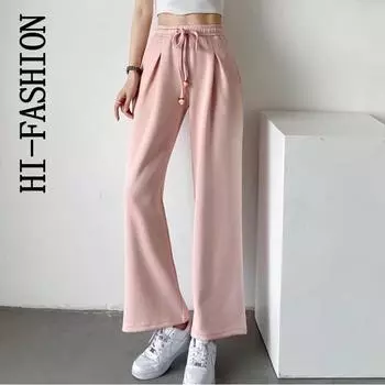 HI-FASHION женские широкие брюки с эластичной резинкой на талии, вязаные осенне-зимние спортивные брюки, хлопковые трикотажные повседневные брюки S белый