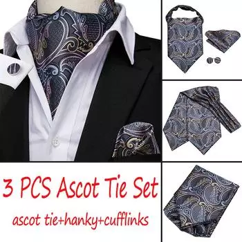 Hi-Tie Fashion Designe Мужской шелковый галстук Ascot Серый галстук Ascot с узором пейсли и носовым платком Запонки