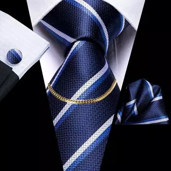 HI-Tie модный мужской синий полосатый галстук-цепочка шелковый галстук носовой платок запонки для деловой свадьбы