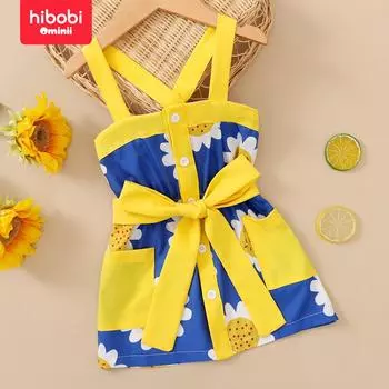 Hibobi 2024 Лето, новый стиль для девочек, корейское элегантное платье без рукавов с квадратным вырезом и подсолнухом 12-18 Months синий