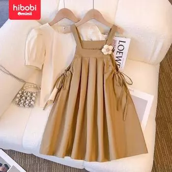 hibobi 2024 Лето Новый Стиль Девочек Платье Корейский Зарубежный Стиль Детская Юбка Поло Девочки Короткие Рукава Полосатый Повседневный Платье 3-4 Years хаки
