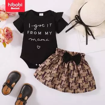 hibobi/2 шт. платье с короткими рукавами и буквенным принтом для маленьких девочек и рубашка с бантом и узором по всей поверхности 0-3 Months чёрный