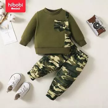 hibobi Baby Boy комплект из 2 предметов с камуфляжным принтом и длинными рукавами, свитер, костюм 3-6 M зелёный