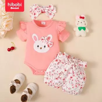 Hibobi Baby Comfort с круглым вырезом и короткими рукавами, розовый костюм с вышивкой Bunny Ha 0-3 Months розовый