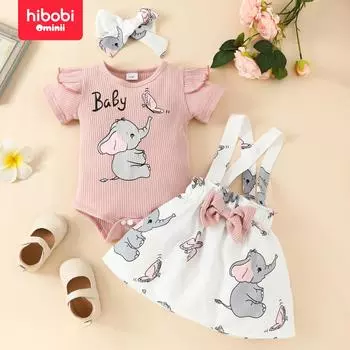 Hibobi Baby Daily Повседневная юбка на бретельках с бантом и слоном, бандана Haga с короткими рукавами, комплект из трех предметов 0-3 Months розовый