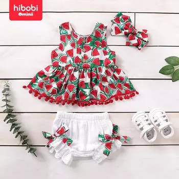 Hibobi Baby Удобный милый комплект из трех предметов с круглым вырезом и круглым вырезом, без рукавов, с комочками волос, полный арбузный комплект с принтом 3-6 Months красный