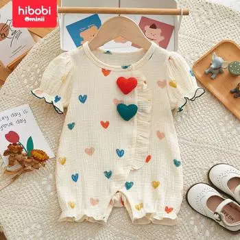 Hibobi Детская одежда для ползания Летняя одежда для прогулок Ха Трехмерная одежда Love Type с короткими рукавами Милые удобные дышащие комбинезоны для маленьких девочек 3-6 Months бежевый