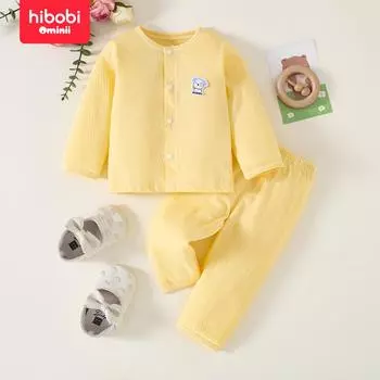 Hibobi, детская одежда с кондиционером, детский летний пижамный комплект из тонкого хлопка с длинными рукавами, летняя одежда для малышей, домашняя одежда для мальчиков и девочек, комплект из двух предметов 0-3 M жёлтый
