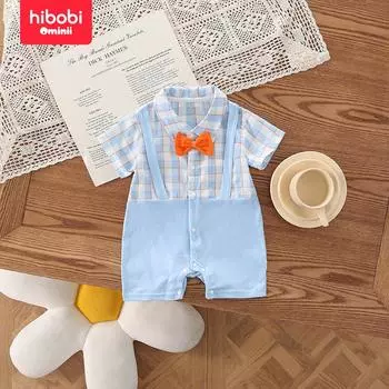 Hibobi детское летнее платье, новая тонкая цельная одежда для новорожденных, одежда для мальчиков, клетчатое платье с половиной рукавов для двух джентльменов, ха 0-3 Months синий