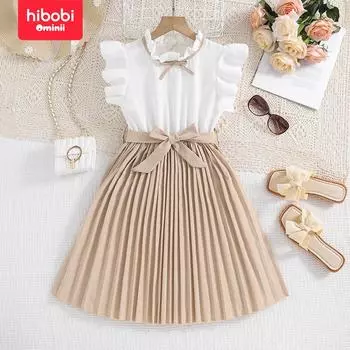 hibobi Девочки Короткий рукав кружева шея плиссированное платье Простое платье 7-8 Y хаки