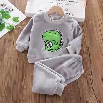 hibobi фланелевой бархатный однотонный топ и штаны с изображением животных на флисовой подкладке для маленьких девочек 18-24 Months серый