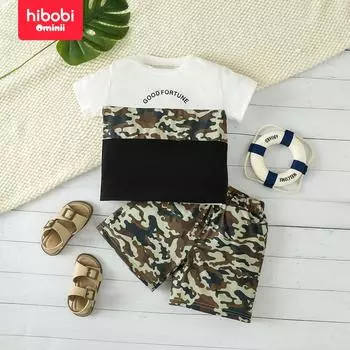 hibobi: футболка с короткими рукавами и шортами в тон для маленьких мальчиков, камуфляжная лоскутная футболка с буквенным принтом и шорты в тон 18-24M белый