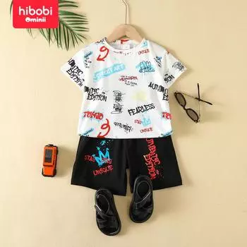 hibobi: футболка с короткими рукавами и шортами в тон для маленьких мальчиков со сплошным принтом букв 18-24 M белый