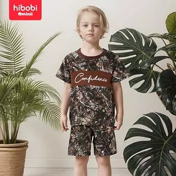 Hibobi, футболка с короткими рукавами и шорты с камуфляжным принтом джунглей для маленьких мальчиков, комплект футболок 18-24 M хаки