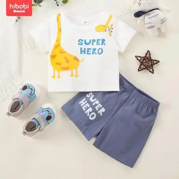 hibobi: футболка с короткими рукавами из чистого хлопка с принтом букв и жирафов для маленьких мальчиков и шорты в тон 0-3M белый