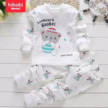 Hibobi Хлопок для маленьких мальчиков Весенний комплект одежды для дома с длинными рукавами Happy Bear из двух предметов 6-9 M белый