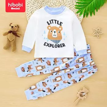 Hibobi Kids Повседневная удобная и красивая одежда из двух предметов для отдыха с круглым вырезом и длинными рукавами 6-9 Months светло-синий
