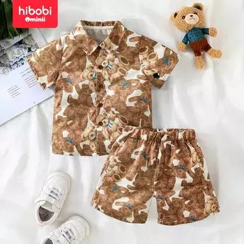 Hibobi Kids Повседневный модный комплект из двух предметов с короткими рукавами и медведем