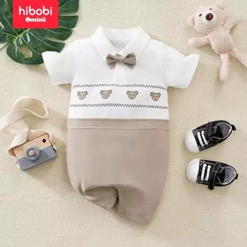 Hibobi комбинезон для маленьких мальчиков с цветными лацканами в джентльменском стиле, повседневный модный комбинезон с короткими рукавами для детей 0-18 месяцев 0-3 Months коричневый