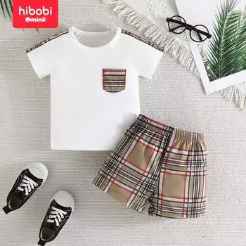 hibobi комплект из 2 футболок с карманами и клетчатой тканью для маленьких мальчиков 3-6 Months белый