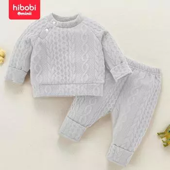 Hibobi, комплект из 2 предметов, детский однотонный толстый свитер с длинными рукавами и спортивные штаны 0-3 Months серый