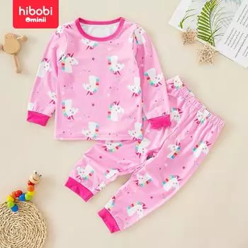 hibobi комплект из 2 предметов для девочек с рисунком розового единорога, с длинными рукавами и круглым вырезом, домашняя одежда, милые пижамные штаны с героями мультфильмов для детей от 1 до 7 лет 18-24 Months розовый