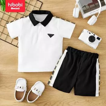 hibobi, комплект из 2 предметов для маленьких мальчиков, рубашка-поло и шорты с лацканами, костюм в джентльменском стиле, контрастный цветной дизайн 18-24 Months белый