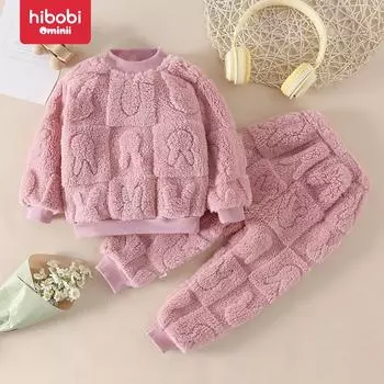 hibobi, комплект из 2 предметов для маленьких девочек, однотонный меховой топ с кроликом и подходящие штаны 12-18 Months розовый