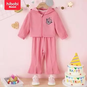 Hibobi, комплект из 2 предметов для маленьких девочек, весенний спортивный свитер на молнии с капюшоном, комплект со штанами, модный однотонный спортивный костюм для детей 1-3 лет 9-12 Months розовый