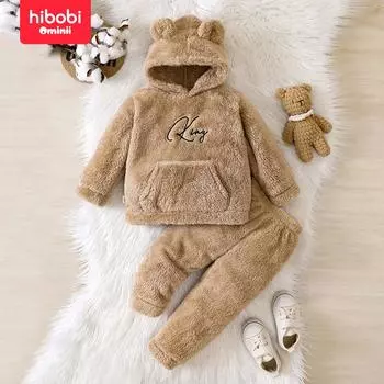 hibobi, комплект из 2 предметов для маленьких мальчиков, однотонный пушистый топ с монограммой и соответствующие штаны 12-18 Months жёлтый