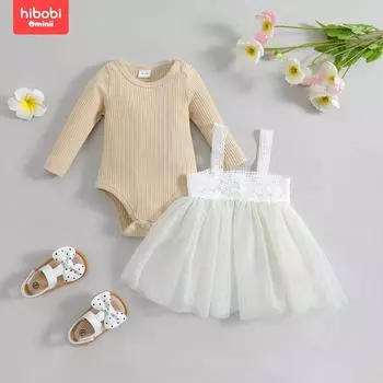 hibobi, комплект из 2 предметов для маленьких девочек, комбинезон в рубчик с длинными рукавами и кружевное платье на подтяжках из сращенной сетки 3-6M абрикосовый