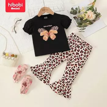 hibobi, комплект из 2 предметов, футболка из чистого хлопка с короткими рукавами и принтом бабочки для девочек и брюки-клеш с леопардовым принтом 18-24 M чёрный