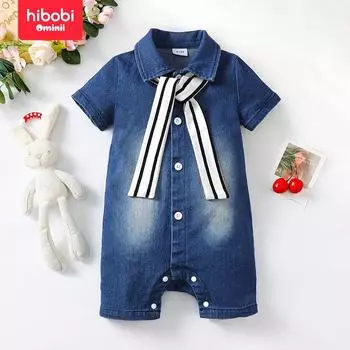 hibobi, комплект из 2 предметов, однотонный детский комбинезон-боксер на пуговицах с воротником и короткими рукавами и полосатая накидка 0-3 M синий