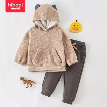 Hibobi, комплект из 2 предметов, однотонный свитер с капюшоном и брюки с декором медведя для маленьких мальчиков 9-12 Months коричневый