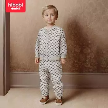 Hibobi, комплект из 2 предметов, весенний детский свитшот на молнии с круглым вырезом, брюки, костюм, повседневный спортивный костюм с принтом медведя для От 1 до 3 лет 9-12 M хаки