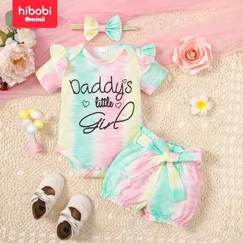 hibobi Комплект из 3 предметов, разноцветный комбинезон с короткими рукавами и повязкой на голову, окрашенный в технике тай-дай 3-6 M розовый