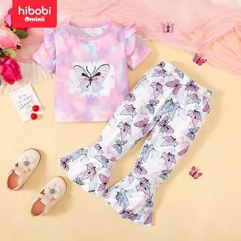 hibobi, комплект из двух предметов, футболка с короткими рукавами градиентного цвета и принтом бабочки для маленьких девочек и расклешенные брюки со сплошным принтом 18-24 M фиолетовый