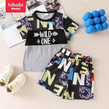 hibobi, комплект из двух предметов, футболка с короткими рукавами и короткими рукавами с цветными блоками и буквенным принтом для мальчиков и шорты с принтом по всей поверхности 2-3 Years серый